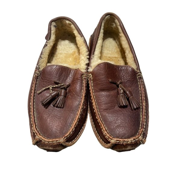 Mens Leather & Shearling Lined Moccasin Slippers With Tassels - Picture 1 of 9